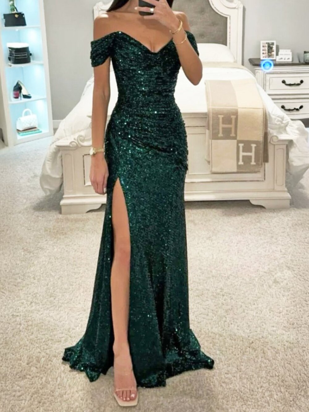 Emerald Green Sequin Off the Shoulder Formal Dress 2